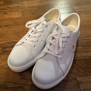Polo Ralph Lauren White Lace-Up Sneakers with Gold Accent